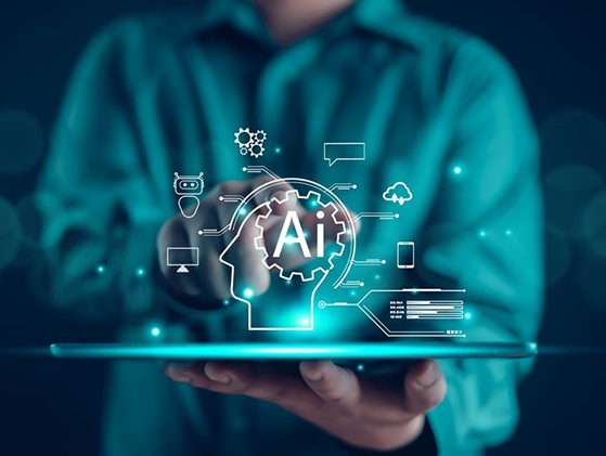 Person holding tablet projecting artificial intelligence icon and digital connections