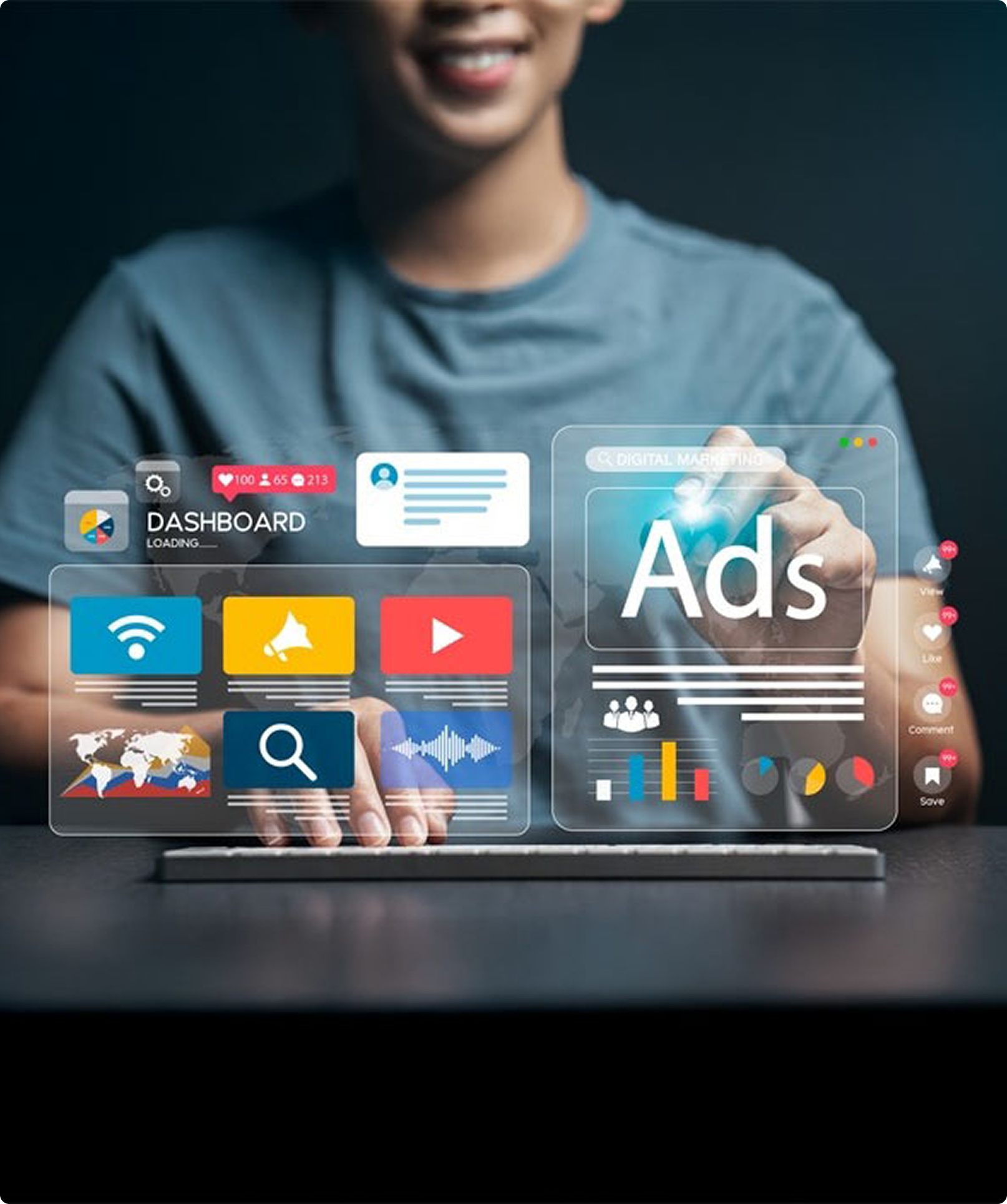 Person operating a digital ad dashboard and competitive analytics interface