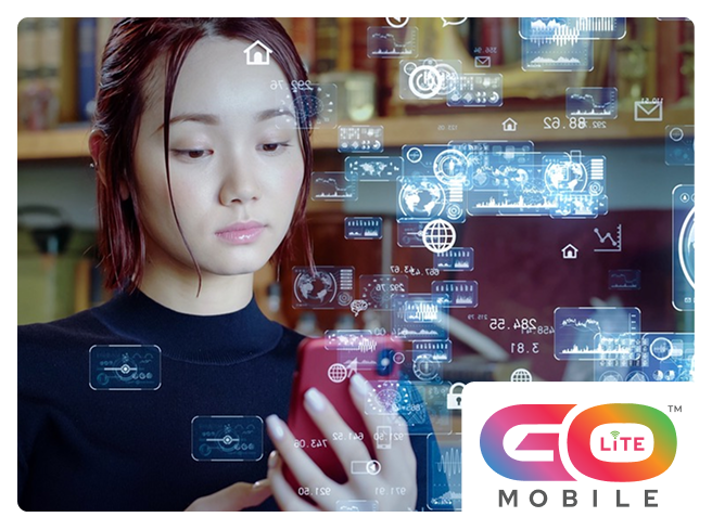 Woman interacting with digital interface on phone with GoLite Mobile logo