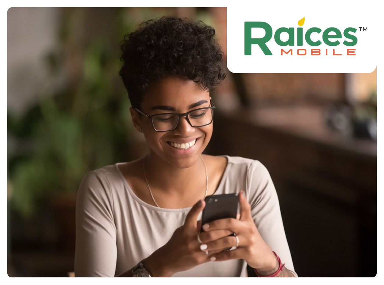 Smiling woman using smartphone with Raíces Mobile logo