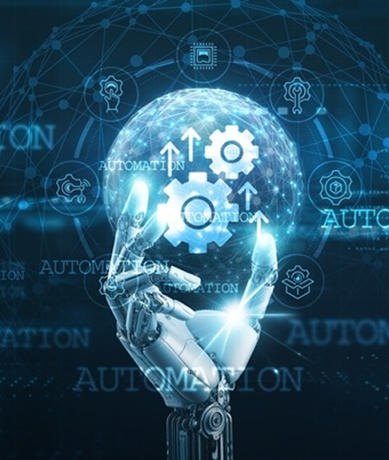 Robotic hand interacting with digital globe and automation icons