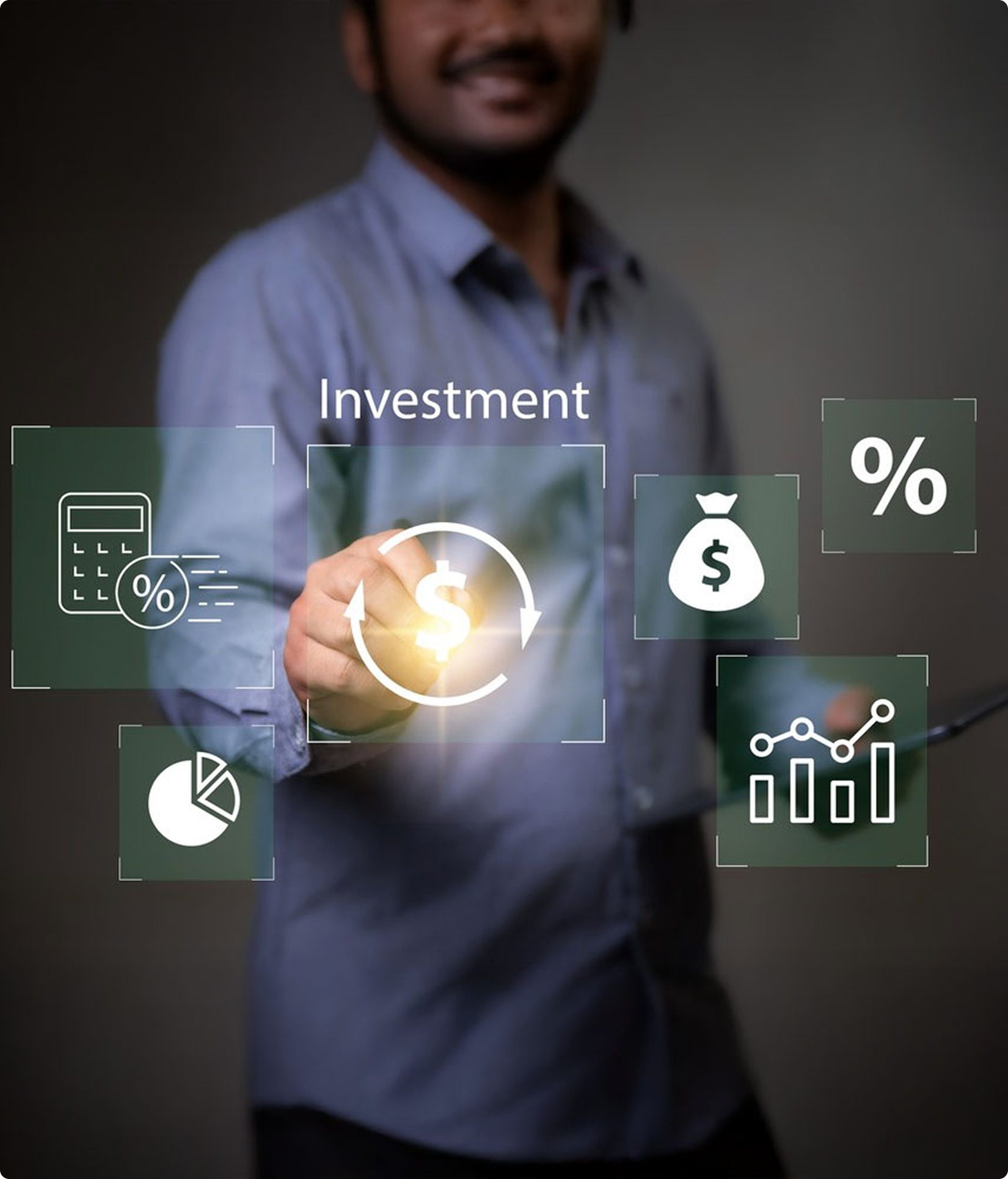 Professional interacting with digital investment icons overlaid on screen