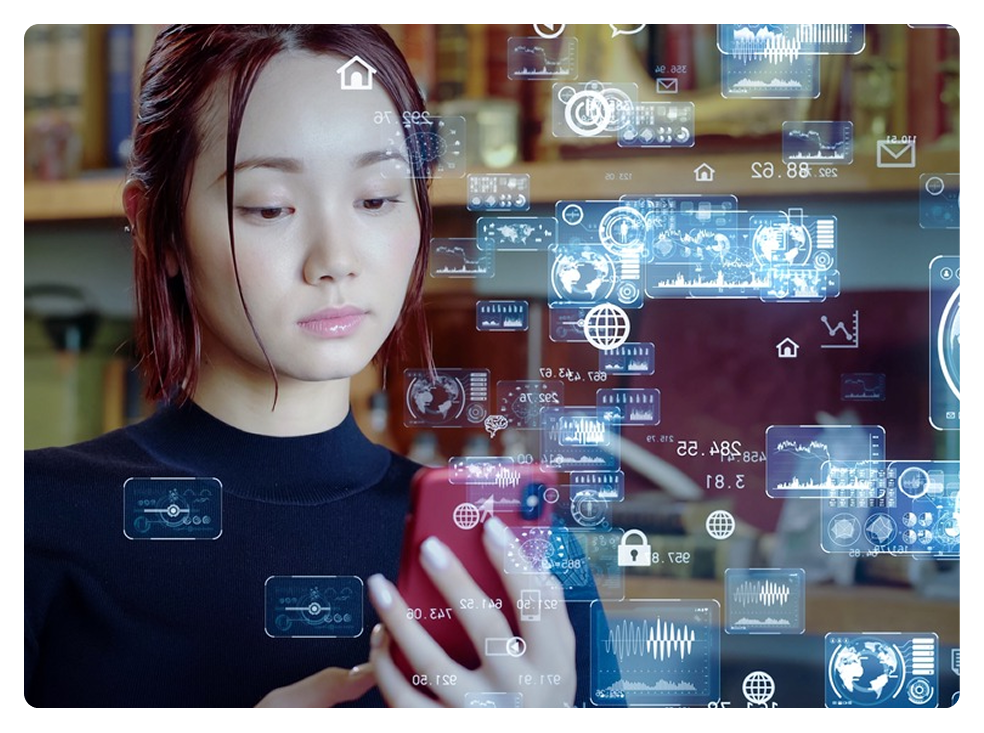 Younger woman interacting with digital interface on smartphone