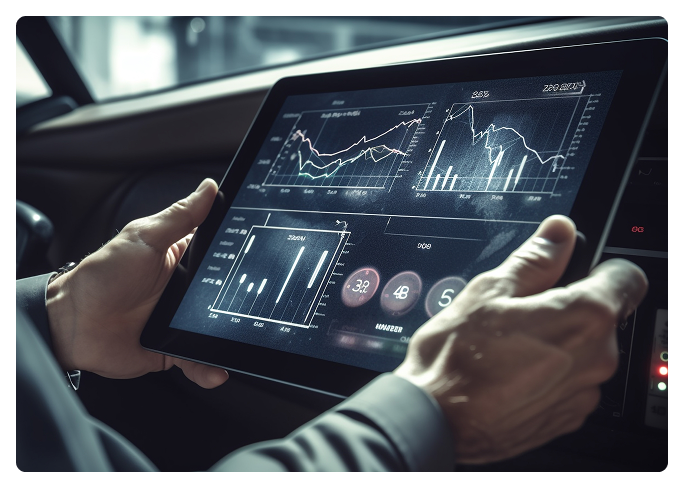 Financial analysis dashboard on digital tablet held in car