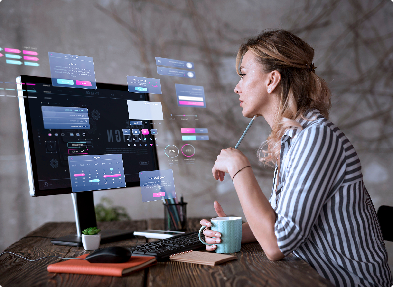Designer working on Web Services UI and dashboard elements on desktop computer