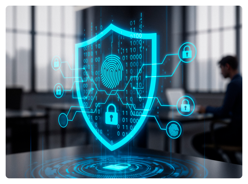 Digital shield fingerprint graphic representing biometric security