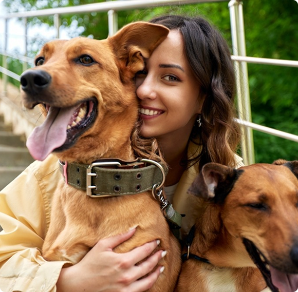 Woman hugging dogs in outdoor environment