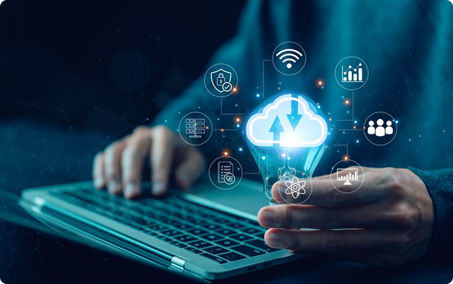 Cloud computing, AI, and network infrastructure connectivity visual over laptop