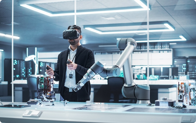 Researcher using VR headset to control robotic arm in modern innovation research lab