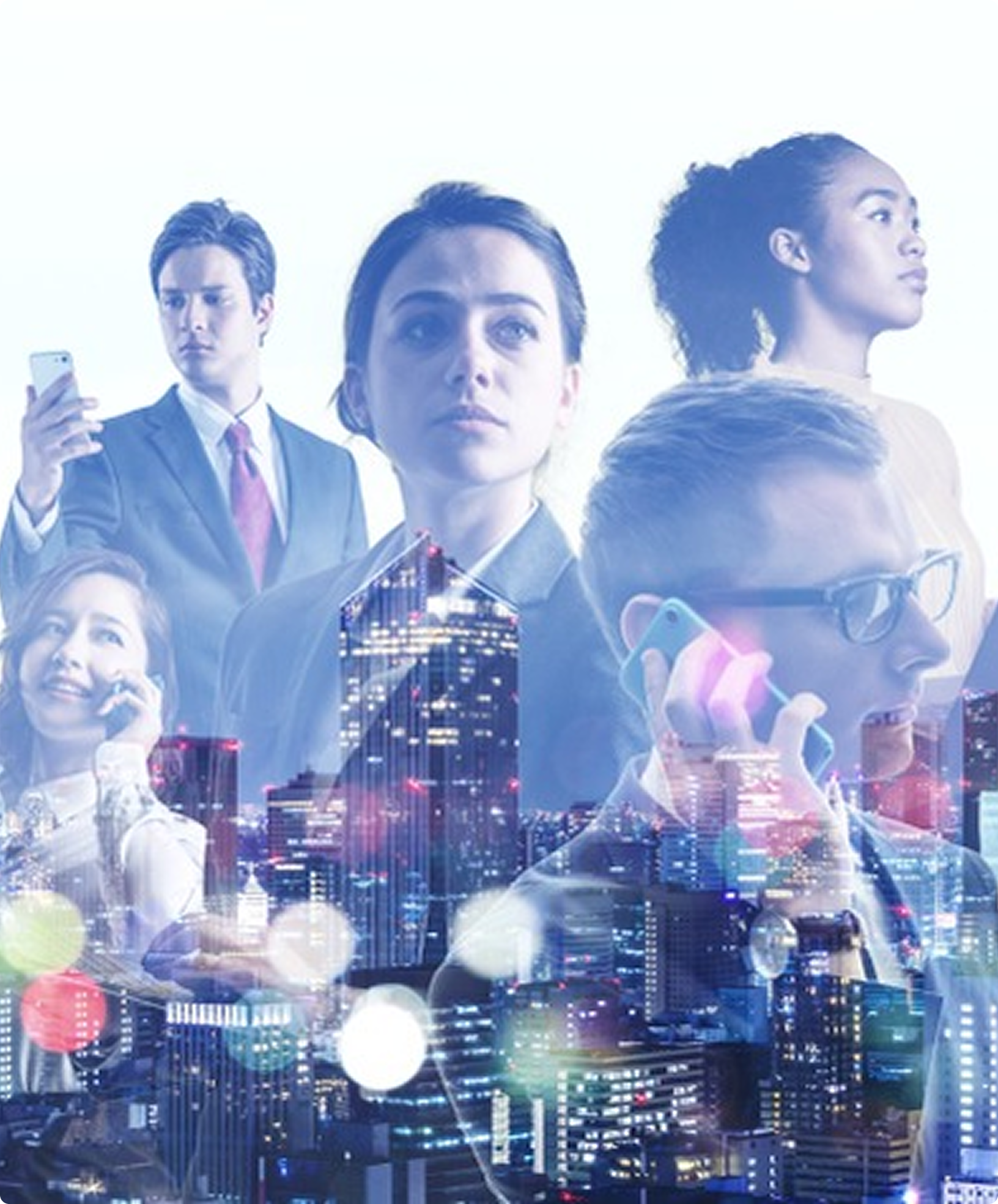 Diverse professionals overlaid with city skyline and futuristic digital lighting