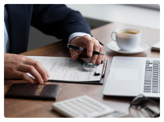 Executive reviewing research papers and signing official compliance documentation