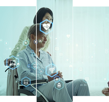 AI for Aging Populations - Caregiver with senior citizen overlayed with digital healthcare graphics
