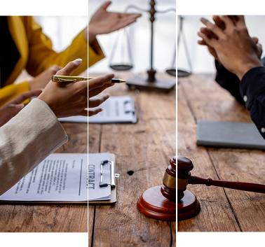Legal team conducting compliance meeting with scales of justice and wooden gavel on desk